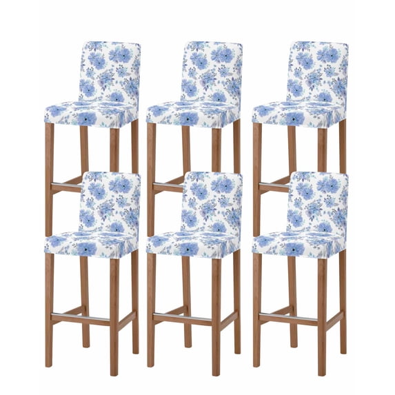 Blue Watercolor Floral Bar Stool Covers Set of 6, Spring Flower Abstract Art Stretch Washable Bar Chair Covers with Backs, Removable Pub Counter Height Chair Cover for Kitchen Dining Room Cafe
