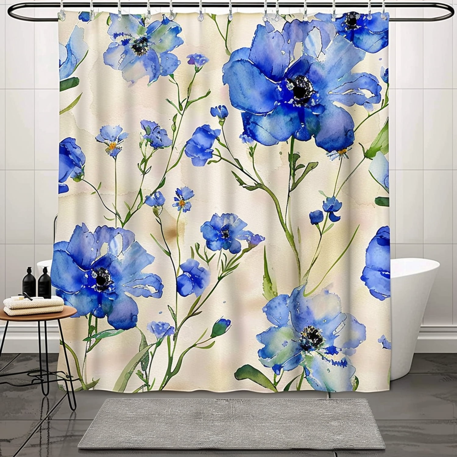 Blue Watercolor Floral Bathroom Decor Set Shower Curtain Beige ...