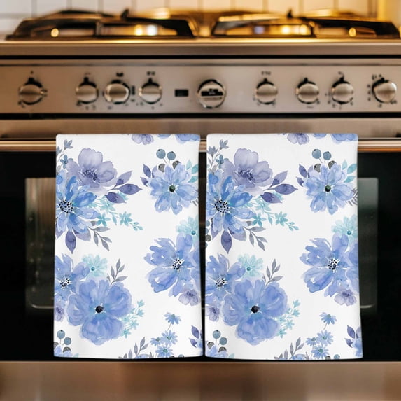 Blue Watercolor Floral Kitchen Towels Set of 4, Spring Flower Abstract Art Absorbent Dish Towels for Kitchen, Microfiber Hand Towel, Quick Drying Tea Towel for Cleaning Decorative Dishcloths