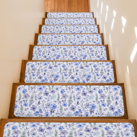 Blue Watercolor Floral Non-Slip Stair Treads for Wooden Steps, 4 Pack 8x30 Inches Carpet Stair Mats with Adhesive Backing, Noise-Reducing Step Covers for Indoor Stairs, Easy to Install & Residue-Free