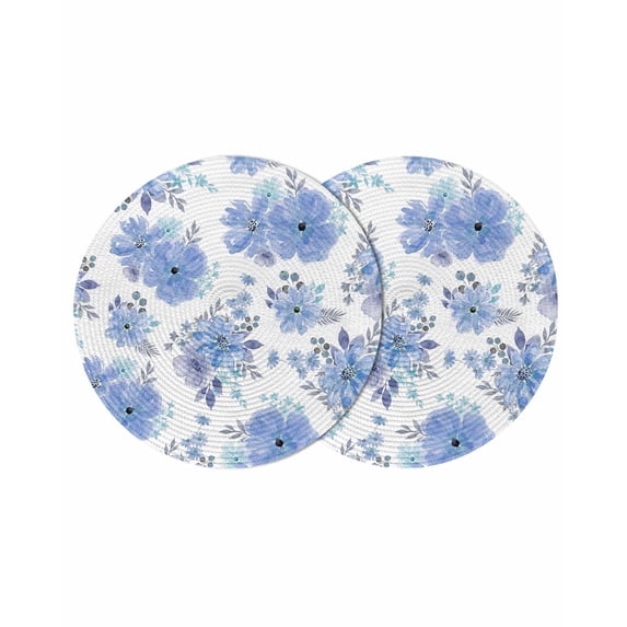 Blue Watercolor Floral Round 13 Inch Placemats Set of 2, Spring Flower Abstract Art HeatResistant Non Slip Place Mats for Dining Table, Wipeable Braided Kitchen Table Mats for Housewarming