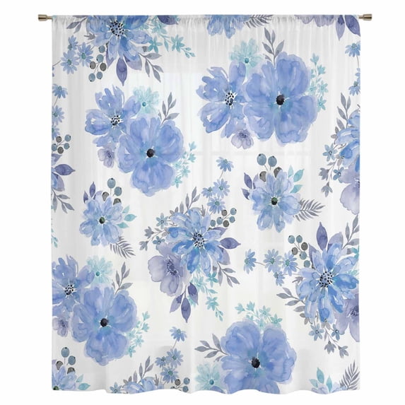 Blue Watercolor Floral Sheer Curtains 54 Inches Long, Spring Flower Abstract Art Light Filering Curtains, Breathable Simi Curtain Privacy Drapes for Kitchen Bathroom Small Window Treatment