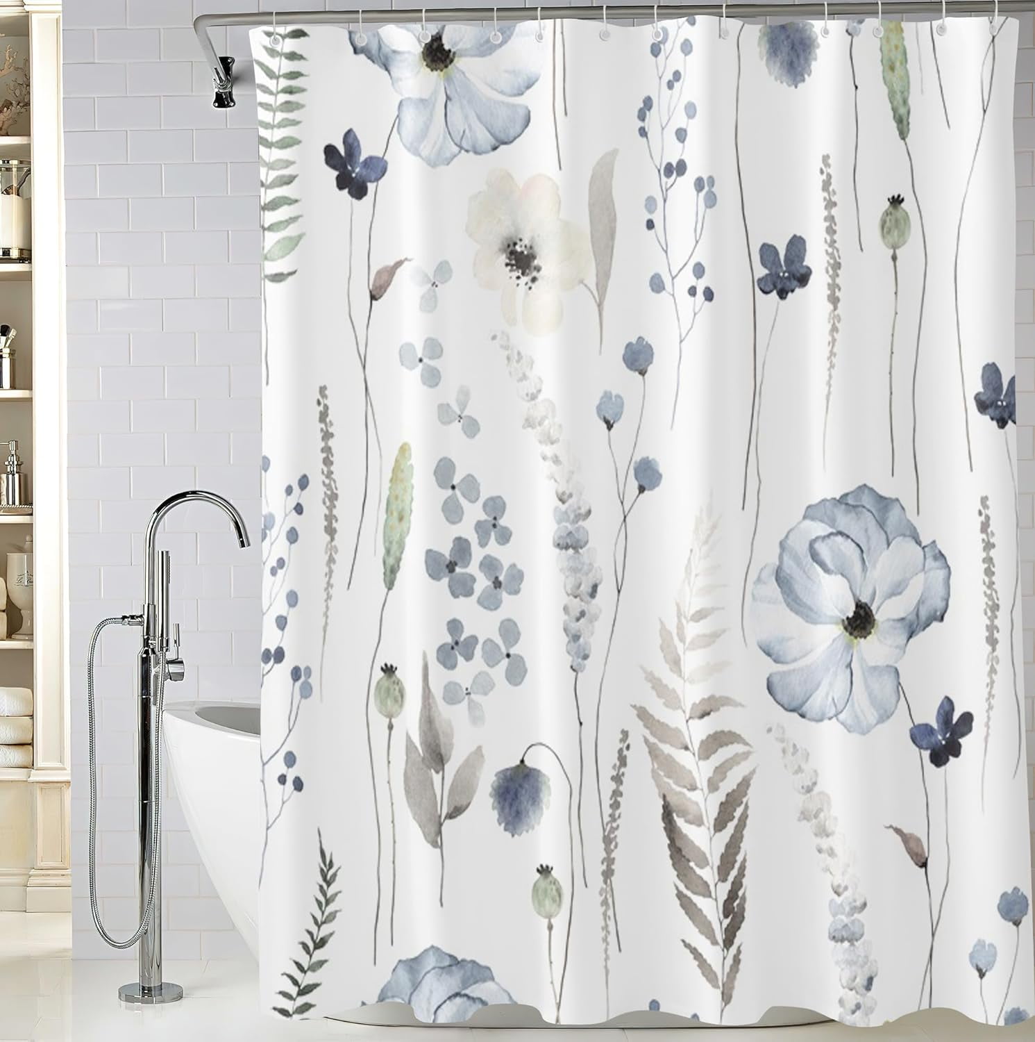 Blue Watercolor Floral Shower Curtain 72 x 72 Inch, Waterproof Fabric Flowers Shower Curtain for Bathroom, Minimalist Wildflower Shower Curtain with 12 Hooks