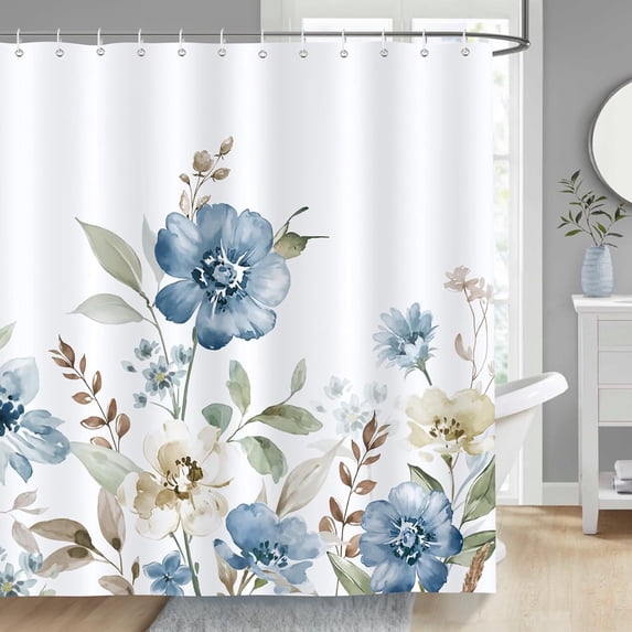 Blue Watercolor Floral Shower Curtain for Bathroom Navy Floral Leaves Decorative Bath Curtain 72 x 72 Inch Polyester Fabric Waterproof Bathroom Curtain with 12 Hooks