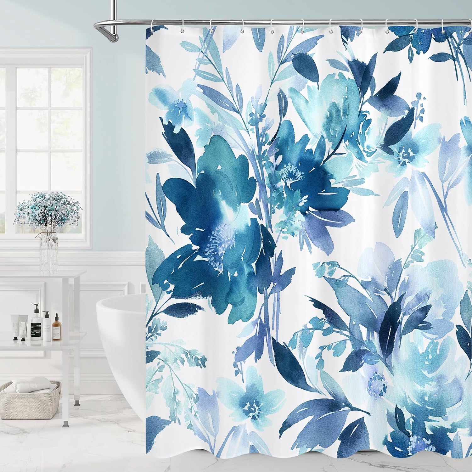 Blue Watercolor Floral Shower Curtain, Plant Leaves with Flower Shower