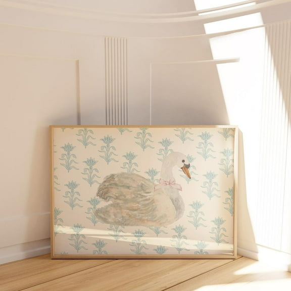 Blue Watercolor Floral Swan, Horizontal Print, Nursery, Botanical, Cottage Core Decor, Wall Art Wall Art, Modern Wall Decor For Living Room, 8x12 UNFRAMED