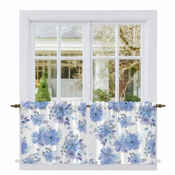 Blue Watercolor Floral Tier Curtains 36 Inch Length, Spring Flower Abstract Art Cafe Short Curtains for Bathroom Over Sink, Small Kitchen Curtain Light Filtering Tiered Drapes 2 Panels 27.5"Wx36"L