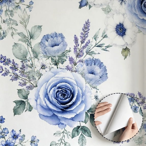 Blue Watercolor Floral Wallpaper, Floral Farmhouse Vintage peel and stick wallpaper waterproof, Home Decor for Bedroom, Living Room, Bathroom, Kitchen Cabinet, Dorm Room [17.7 * 118 in]