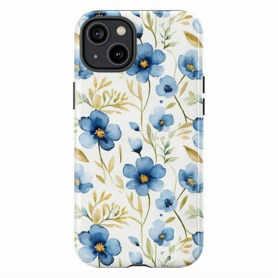 Blue Watercolor Floral iPhone Case – Elegant Dual Layer Phone Case with Botanical Design for iPhone 16 15 14 13 12 11 Pro Max