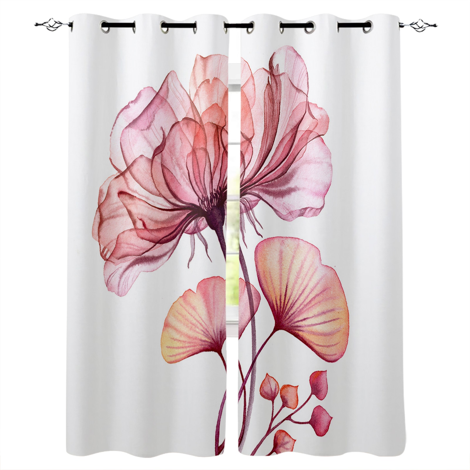 Blue Watercolor Flower Retro Grommet Top Curtains for Living Room Bedroom Kitchen Window