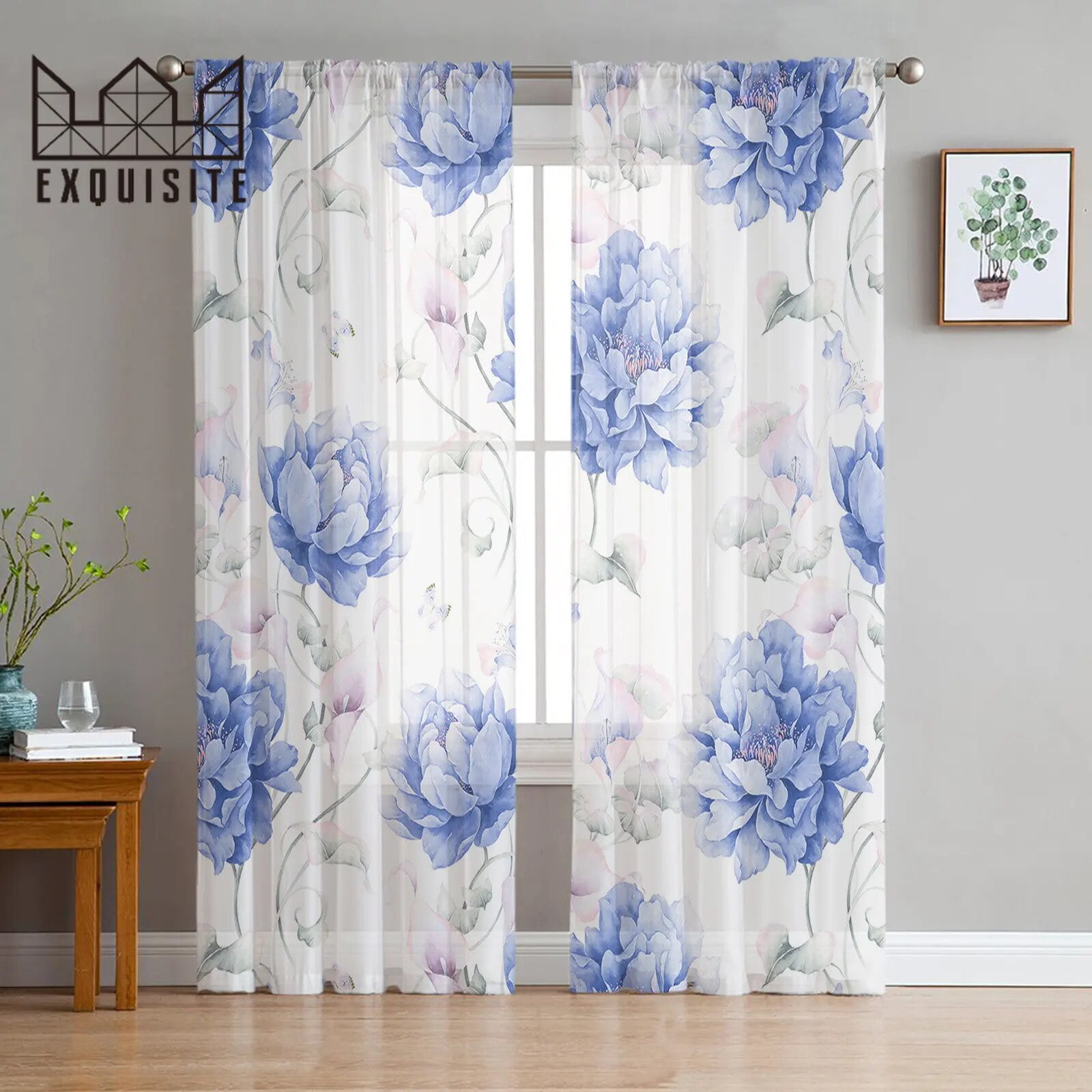 Blue Watercolor Flower Retro Home Tulle Curtains for Bedroom Living