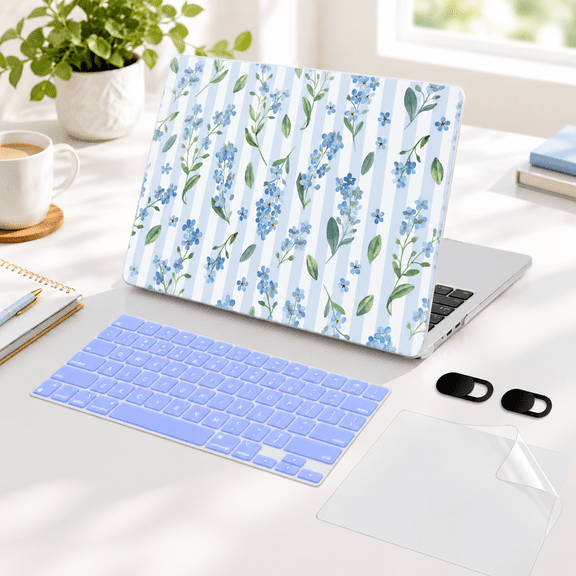 Blue Watercolor Flowers&Stripes Laptop Shell Case for 13.6 Inch MacBook Air with M5/M4/M3/M2 Chip