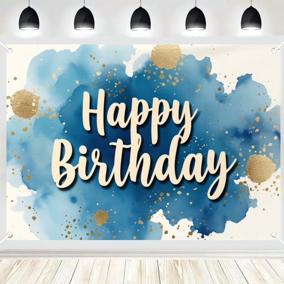Blue Watercolor Gold Splash Happy Birthday Photography Backdrop, Ink Wash Glitter Dots Photo Background for Minimalist Birthday Party Decor 3x5ft