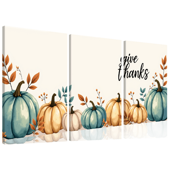 Blue Watercolor Harvest Pumpkin Canvas Wall Art - "Give Thanks" Autumn Decor for Bedroom, Kitchen, or Office - Classic Thanksgiving Theme Indoor Wall Hanging, Fall Decorations for Home 12*16inch*3pcs