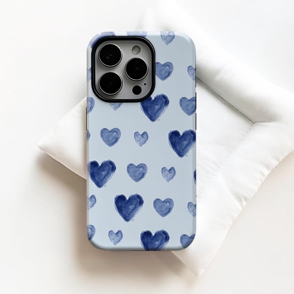 Blue Watercolor Hearts Tough Phone Case for Apple iPhone, Dual-Layer Polycarbonate TPU Protective Cover