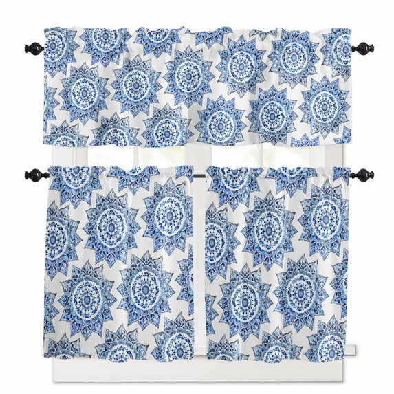 Blue Watercolor Kitchen Curtains Valance and Tier Set 3 Pieces,Geometric Floral Pattern Small Window Curtains Set, 36 Inches Length Rod Pocket Short Window Treatment Tiers For Bathroom Cafe