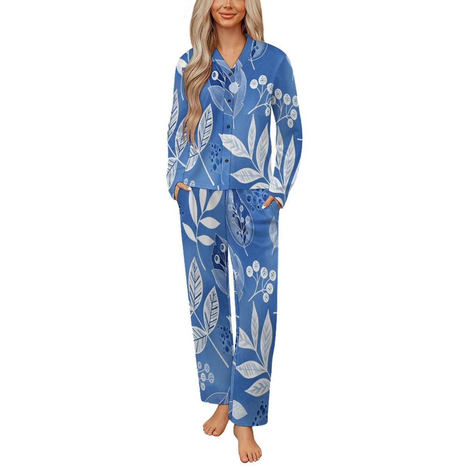 Blue Watercolor Leaves Berry Pattern Womens Pyjamas Set Button Up ...