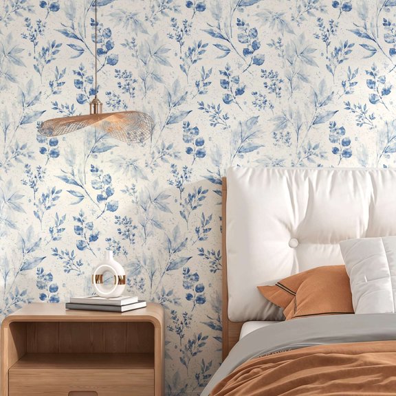 Blue Watercolor Leaves Wallpaper.Boho Coastal Style.Suitable for interior walls or cupboards.Classic serene aesthetic decor patterns peel and stick wallpaper.