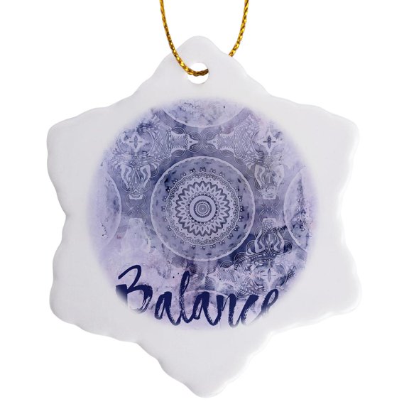 3drose, Blue Watercolor Mandala Illustration with Word Balance, 3 inch Snowflake Porcelain Ornament