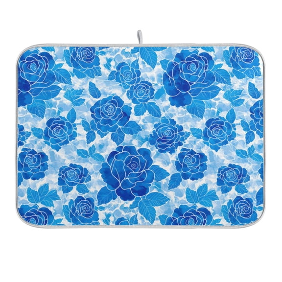 Blue Watercolor Roses Dish Drying Mat 16x18 Absorbent Microfiber Draining Rack Pad for Kitchen Counter Sink