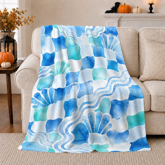 Blue Watercolor Shells with Checker Waves, Serene Coastal Pattern for Beach Lovers, Housewarming Gift, Cozy Flannel Blanket for Beach House and Reading Nook, Coastal Home Decor