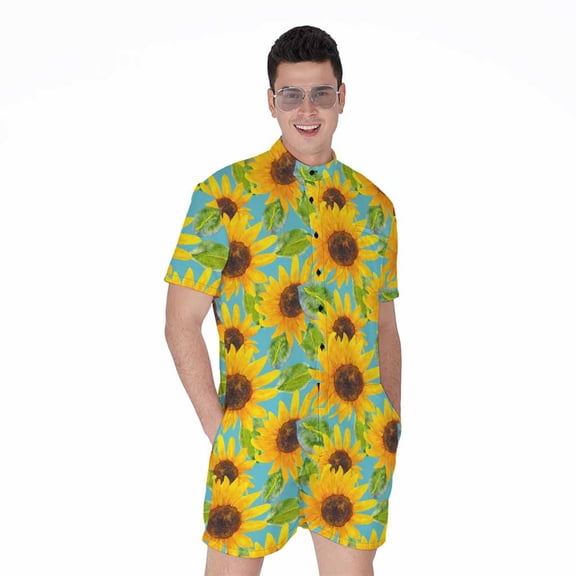 Blue Watercolor Sunflower Pattern Short Sleeve Men'S Rompers Casual Summer Jumpsuits Outfit