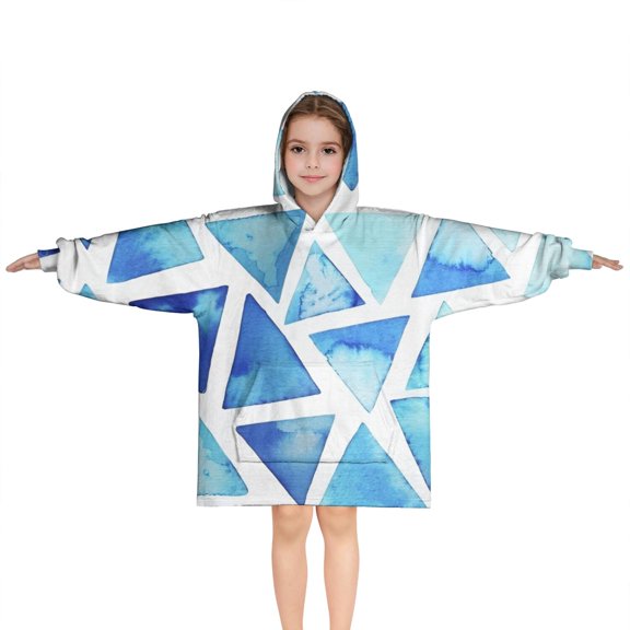 Blue Watercolor Triangle Pattern Blanket Hoodies for Kids 6-13YR Oversize Wearable Blanket Hoodies for Boys Girls Teens