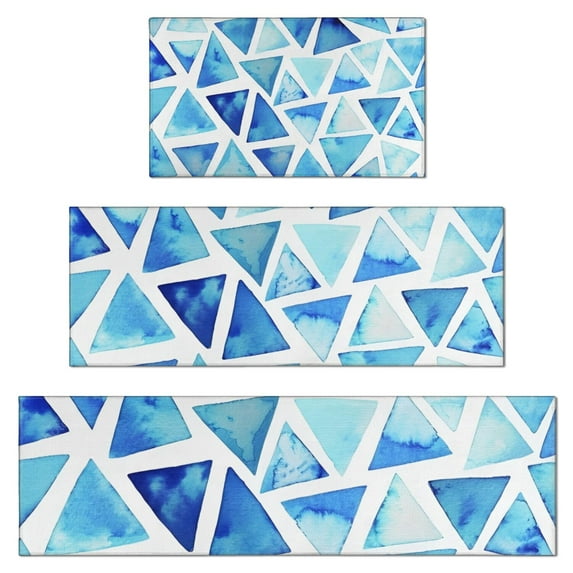 Blue Watercolor Triangle Pattern Kitchen Rugs Sets Of 3,Kitchen Runner Rugs Non Skid Washable,Decorative Kitchen Floor Mats for Kitchen,Sink,Laundry,17"x30"+ 17"x47" + 17"x59"