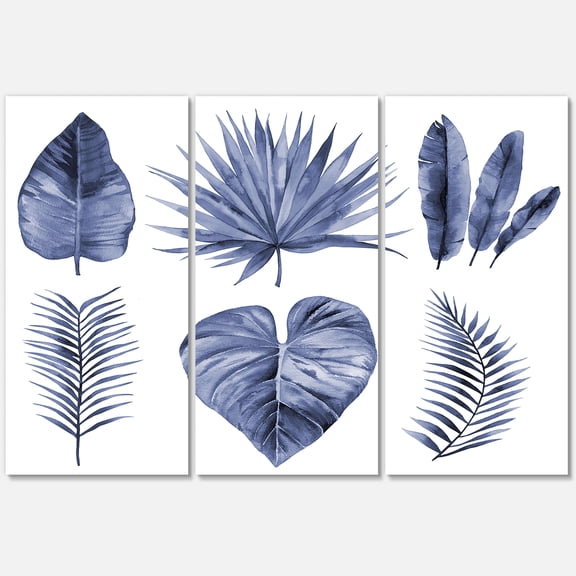 Blue Watercolor Tropical Leaves IV 28 in x 36 in Painting Canvas Art Print, by Designart Set of 3
