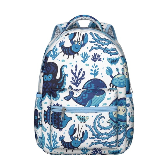 Blue Watercolor Whale and Dolphin Backpack Durable Waterproof School Bag with Abstract Ocean Sea Life Pattern, Adjustable Straps, Breathable Padding for School and Outdoors