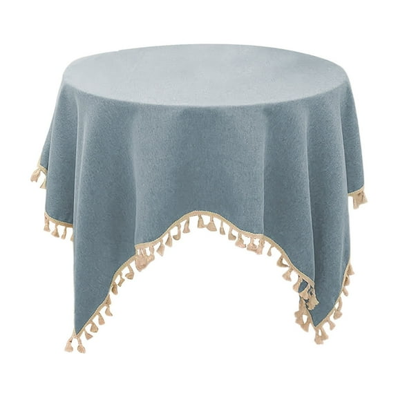 Blue Waterproof Tablecloth With Tassels, Cotton Linen Blend And Embroidery Designs For Dining Tables, Coffee Tables And Home Decor 35.43X35.43In 1.5Lb