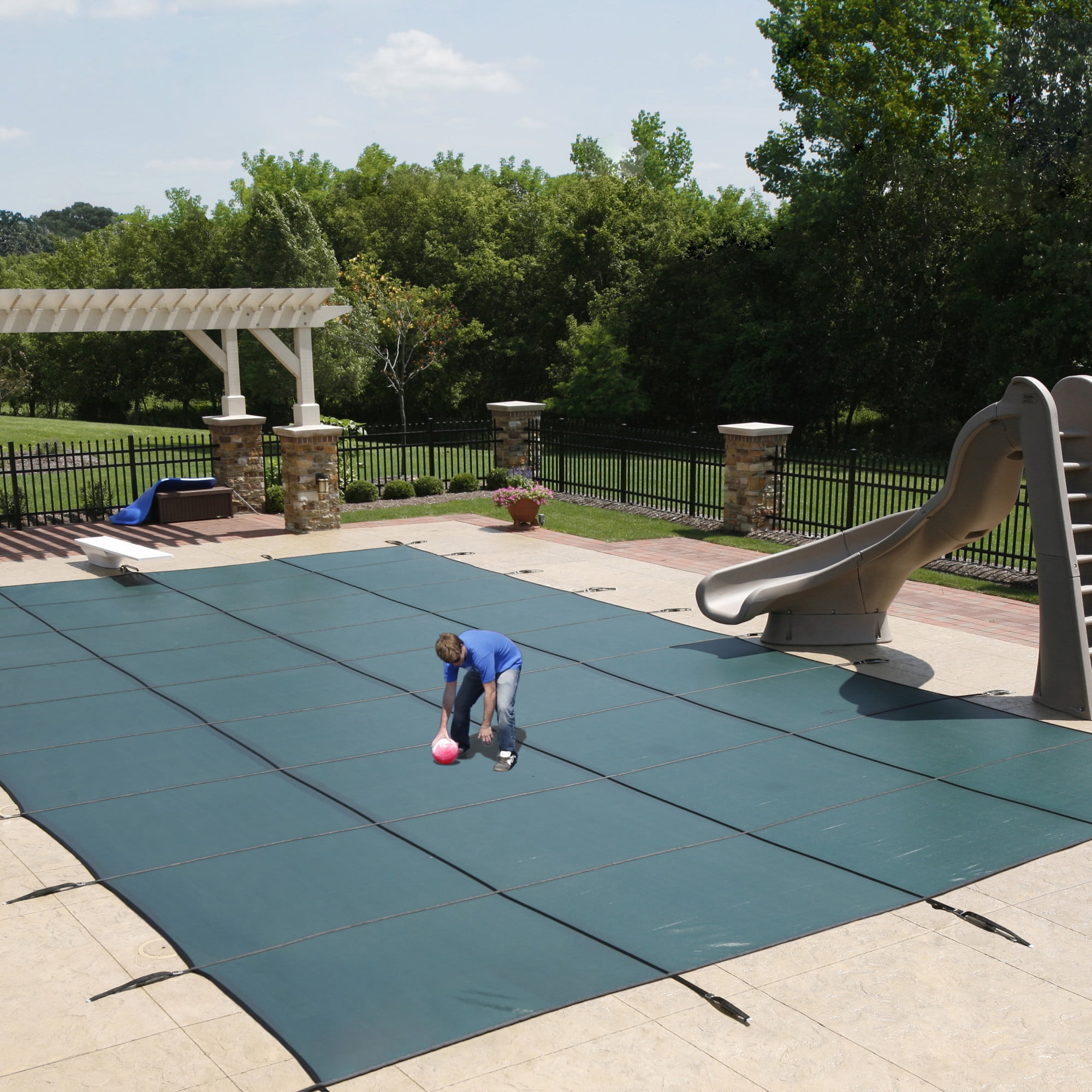 Blue Wave 18 Year Mesh 16 ft x 32 ft In Ground Pool Safety Cover w 4 ft x 8 ft Center Step Green