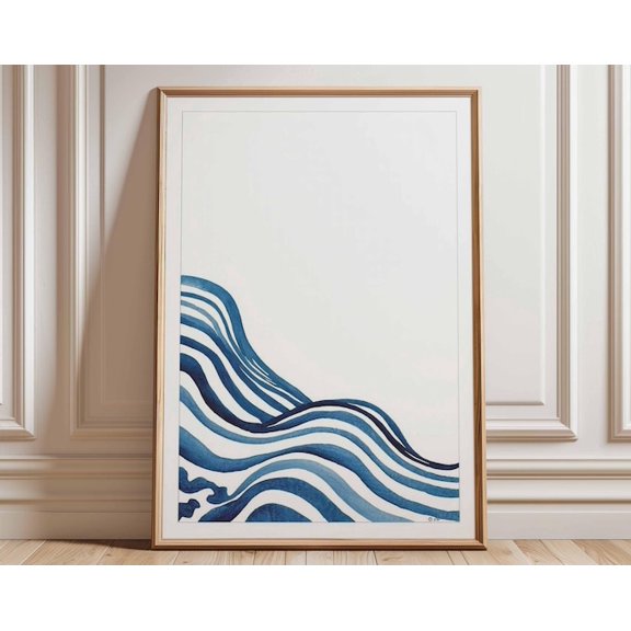 Blue Wave Abstract Navy And White Geometric Lines Wall Art Print, Unframed Paper Poster 16x20in