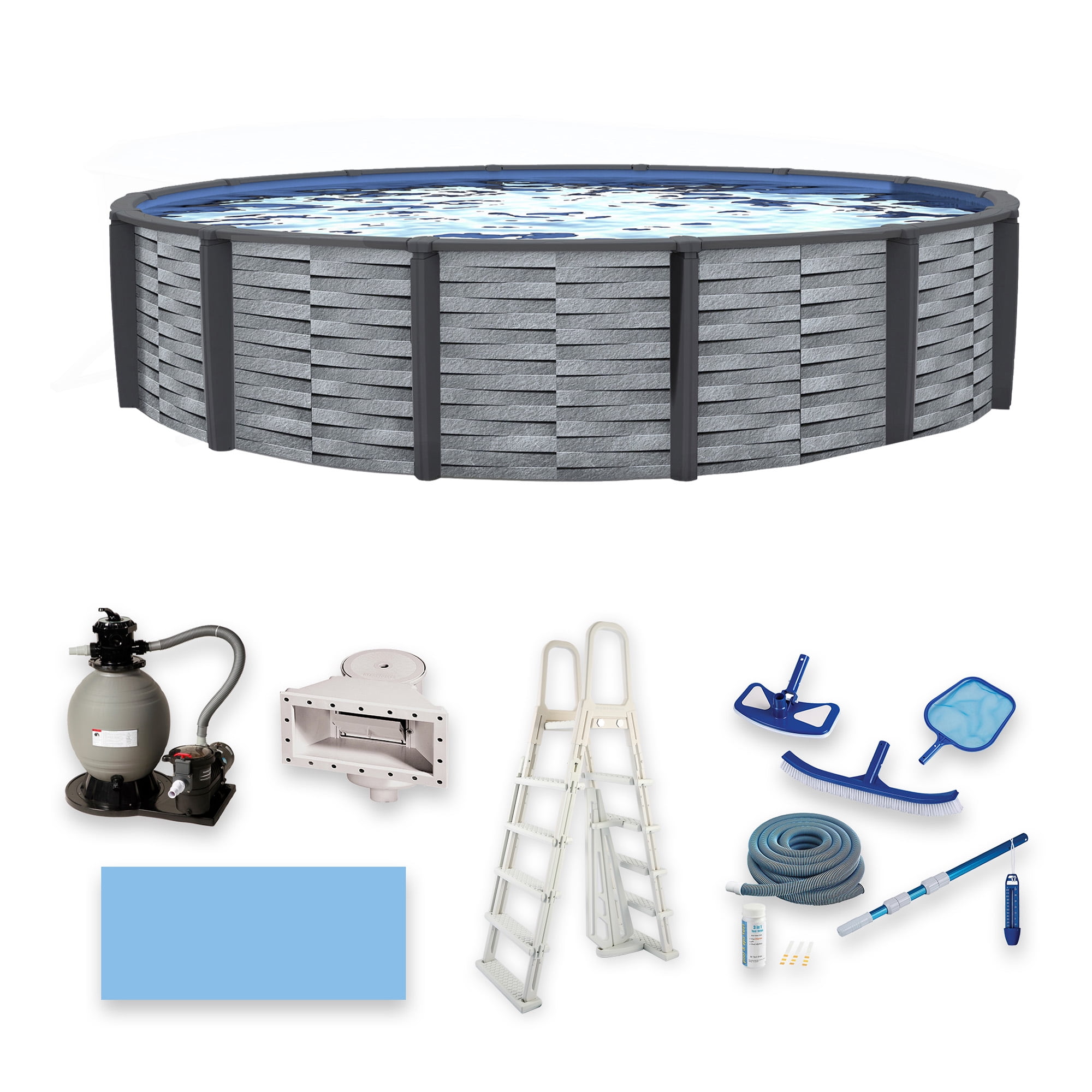 Blue Wave Affinity 27-ft Round 52-in Deep 7-in Top Rail Resin Above Ground Swimming Pool Package