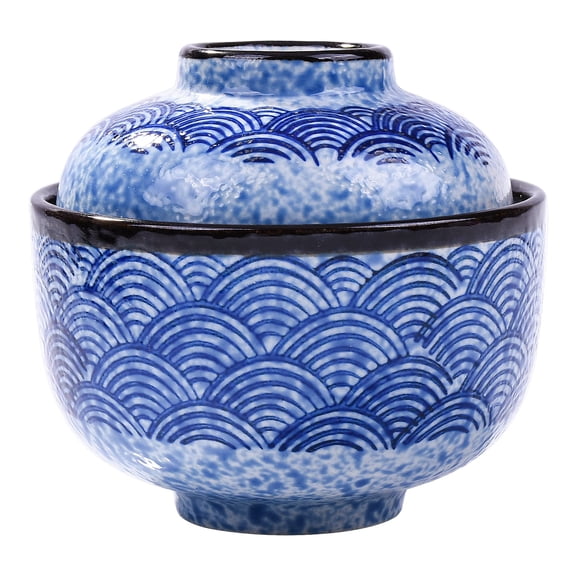 Blue Wave Ceramic Soup Bowl with Lid 8.5oz Small Serving