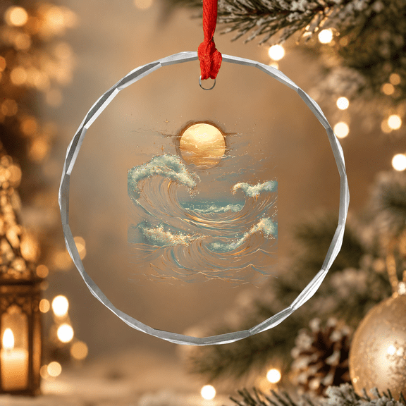 Blue Wave Full Moon Mystical Boho Witch Zen Outdoors Ornament, Holiday Decor, Circle Glass Ornament