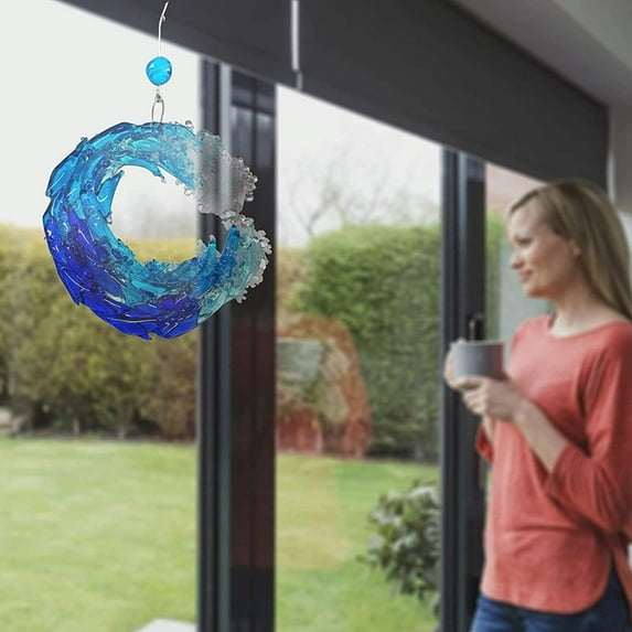 Blue Wave Fused Glass Wall Decor,Handcrafted with Fused Blue Wave Glass and a Crystal Prism, Essence of The Ocean Perfect for Indoor or Outdoor Decor