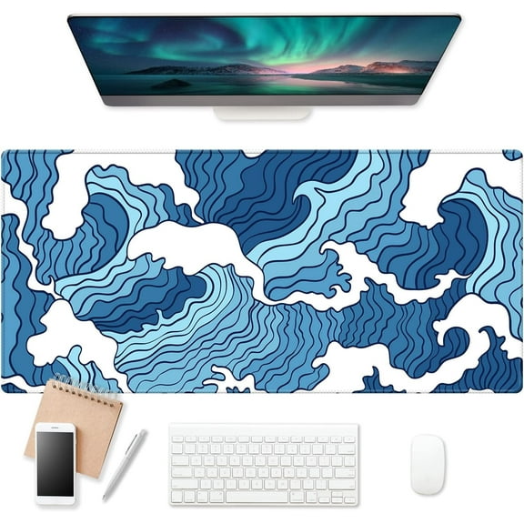 Blue Wave Large Gaming Mouse Pad (35.4×15.7 in, 3mm Thick), Non-Slip Rubber Base and Reinforced Lock Edges, XXL Extended Mousepad for Work, Game, Desk mat, Desktop Decoration