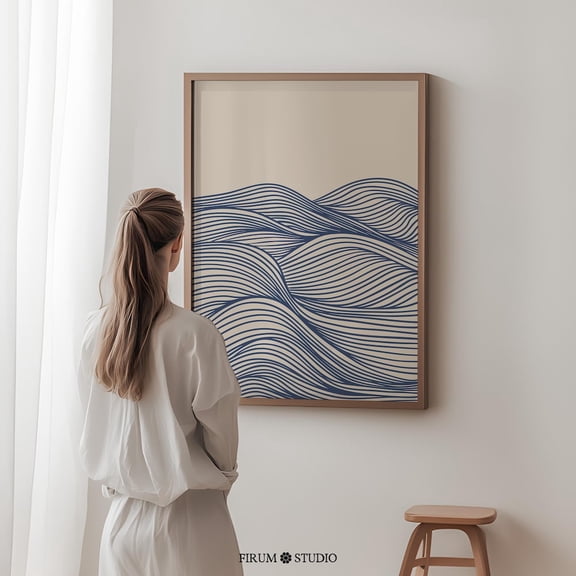 Blue Wave Line Art Print Wall Art, Mid Century Modern Ocean Decor, Minimalist Boho Art For Living Room, Neutral Bedroom Print, UNFRAMED PAPER POSTER, Home Decor, Vintage Gift, Living Room Dercor