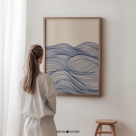 Blue Wave Line Mid Century Ocean Decor Wall Art