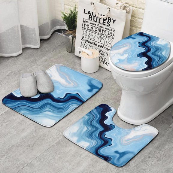 Blue Wave Marble Pattern Bathroom Rugs Sets 3 Piece,Toilet Cover Set,Absorbent Non Slip Bathroom Mats Sets with U-Shaped Contour Rug Toilet Rug Set