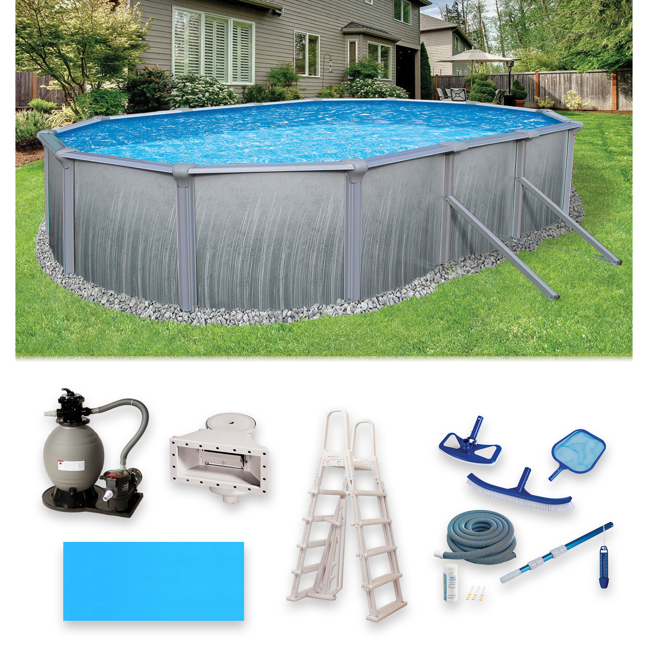 Blue Wave Martinique 15-ft x 30-ft Oval 52-in Deep 7-in Top Rail Metal Wall Swimming Pool Package - image 1 of 13