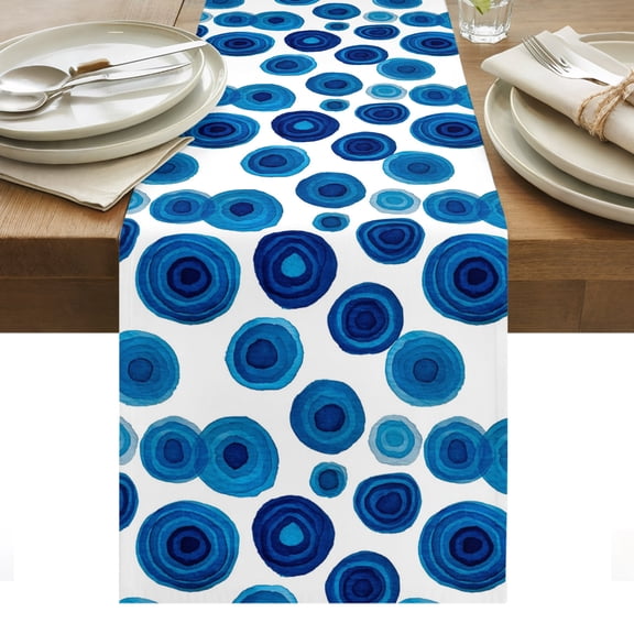 Blue Wave Point Cotton Linen Table Runner Retro Geometric Watercolor Dark Blue Points Dining Table Runners for Home Decor Party Dining Room Restaurant Kitchen Party 13" x 36"