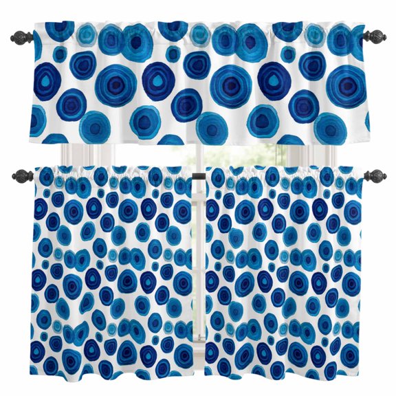 Blue Wave Point Kitchen Curtains Valances and Tiers Set of 3 Retro Geometric Watercolor Dark Blue Points Tier Curtains and Valance with Rod Pocket for Small Windows, 27.5"x24"