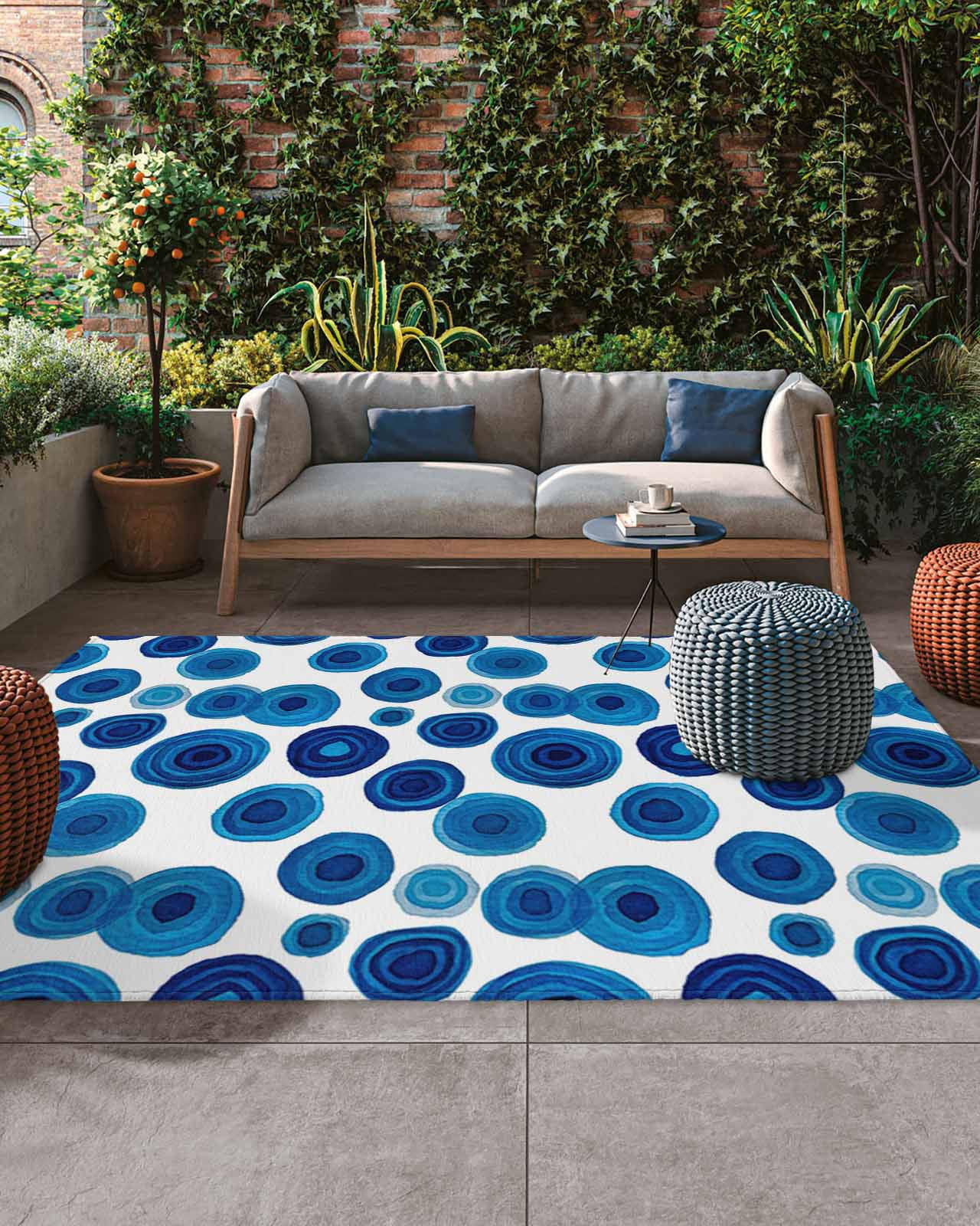 Plus Sign Outdoor Rug Blue Wave Point Outdoor Rug, Retro Geometric Watercolor Dark Blue ...