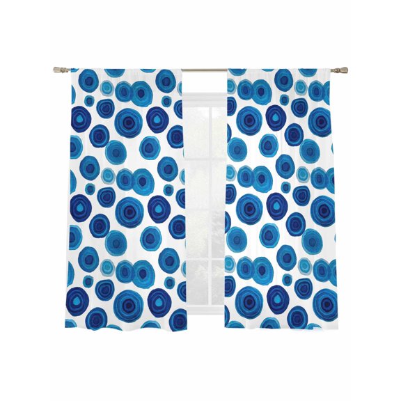 Blue Wave Point Sheer Curtains 2 Panels Set Retro Geometric Watercolor Dark Blue Points Sheer Window Curtains Light Filtering Rod Pocket Voile Drapes for Bedroom Living Room 52"x63"