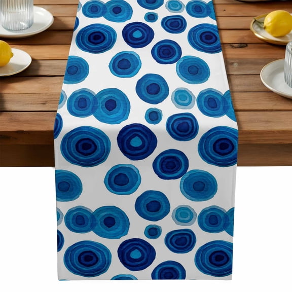 Blue Wave Point Table Runner, Retro Geometric Watercolor Dark Blue Points Washable Kitchen Table Runners Dress Scarves for Dining Table Decorations Party, 13x36in