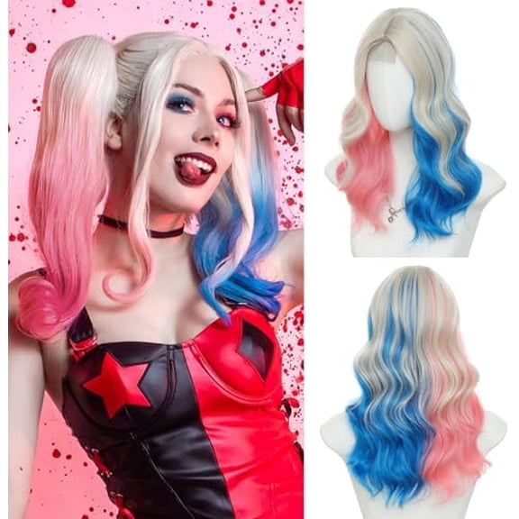 Blue Wave Wigs for Women 18 Inch Medium Length Wigs Middle Part Curly Wavy Wig Looking Synthetic Fiber Wig for Daily Party Use( Blue,18 Inch)