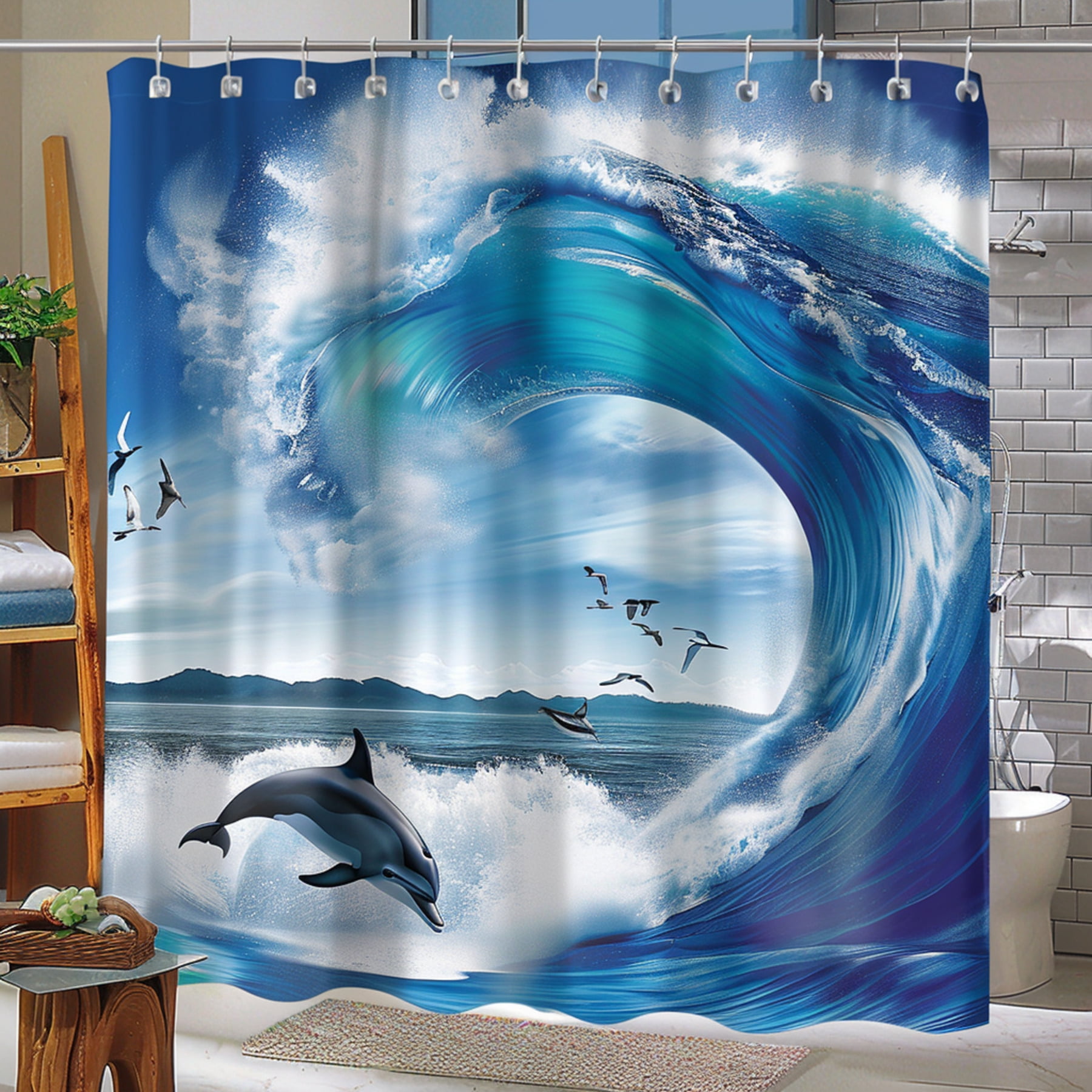Blue Wave and Dolphins Ocean Bathroom Set Shower Curtain & Matching Coastal Decor