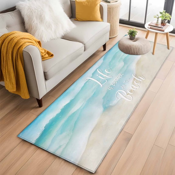 Blue Waves 2'x6' Runner Rugs for Hallway Kitchen Bedside Non Slip Washable, Summer Beach Coastal Nautical Ocean Entryway Rug Runners with Rubber Backing, Long Carpet Runner for Laundry Room